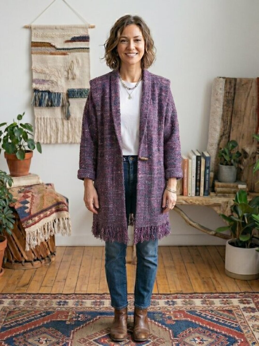 Vintage LEIGH 1970's Women's Purple HAND Knit boho fringe cardigan Large